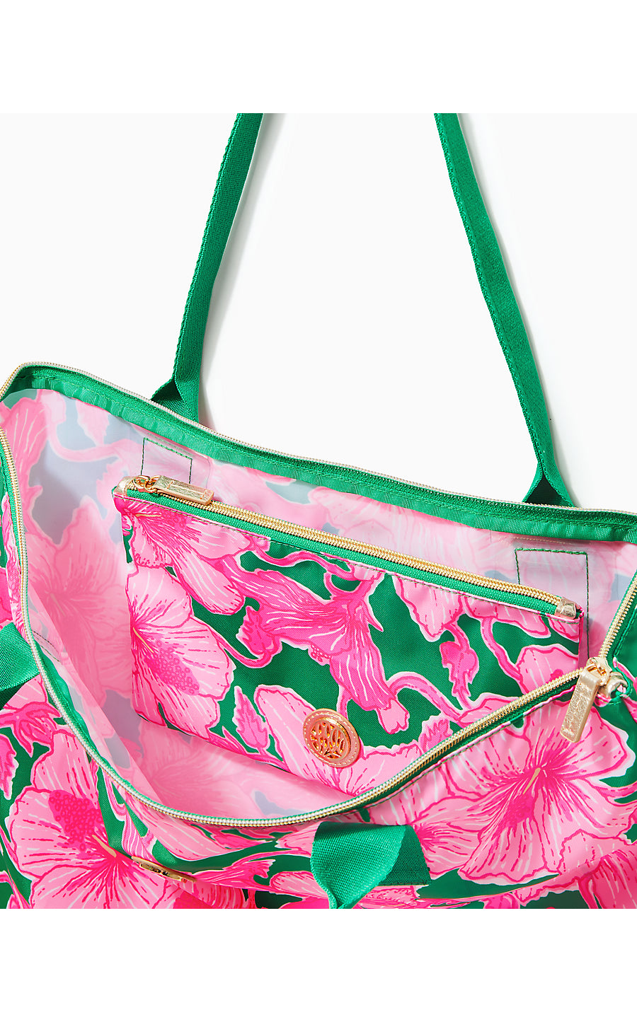 PIPER PACKABLE TOTE, KELLY GREEN HIBIS KISS