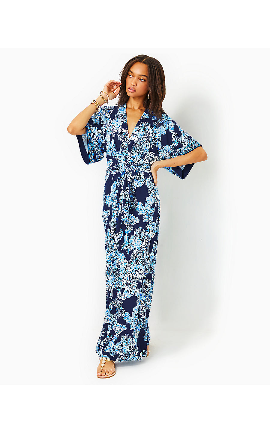 WISTERIA ELBOW SLEEVE V-NECK DRESS, LOW TIDE NAVY BOUQUET ALL DAY ENGI Palm Place WISTERIA ELBOW SLEEVE V-NECK DRESS, LOW TIDE NAVY BOUQUET ALL DAY ENGI Palm Place