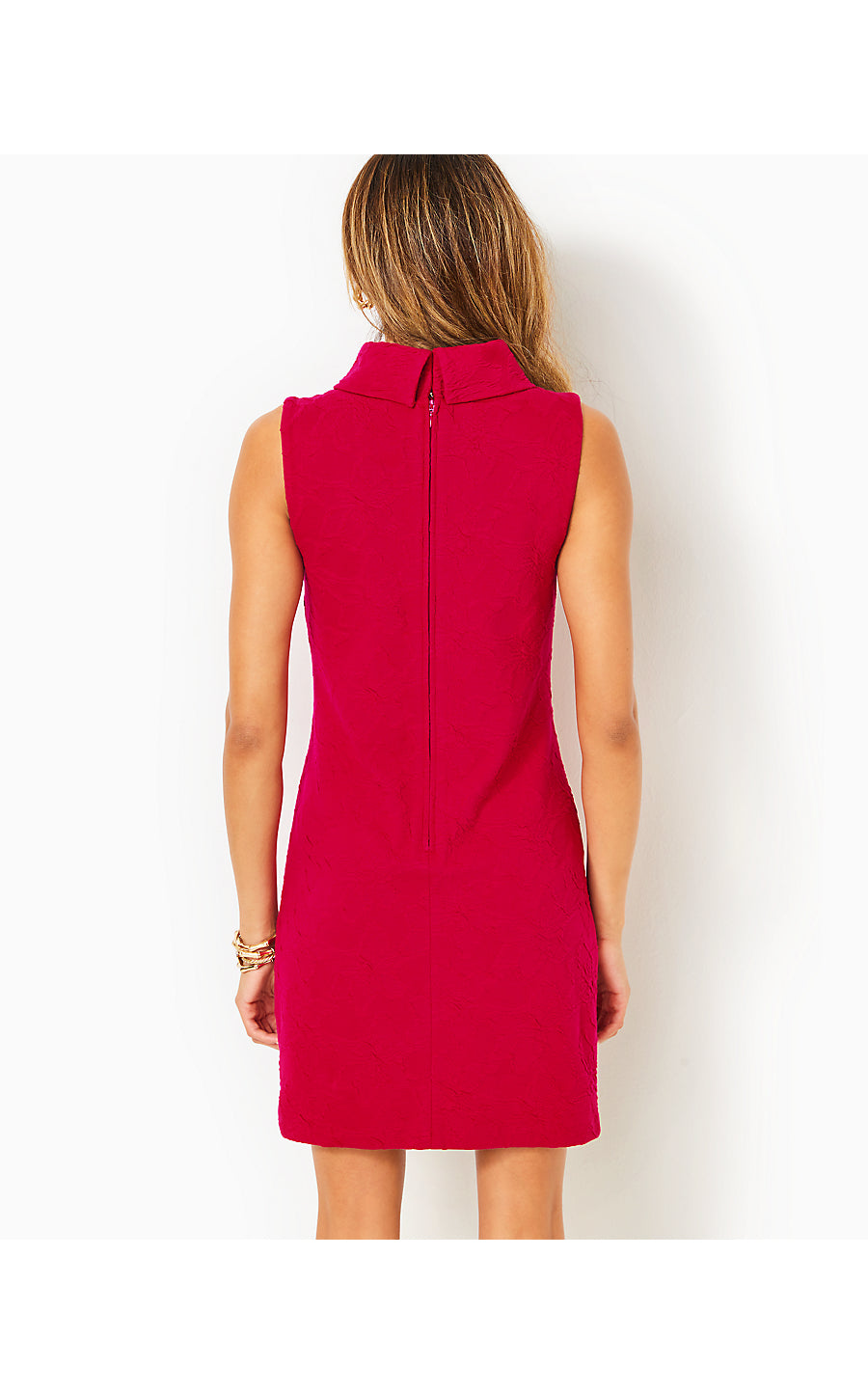DAISEE SHIFT, POINSETTIA RED KNIT PUCKER JACQUARD