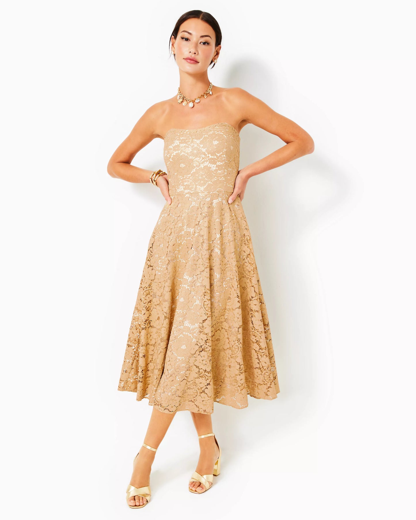 AUBRIANNA STRAPLESS LACE, GOLD METALLIC GILDED FLORAL LACE