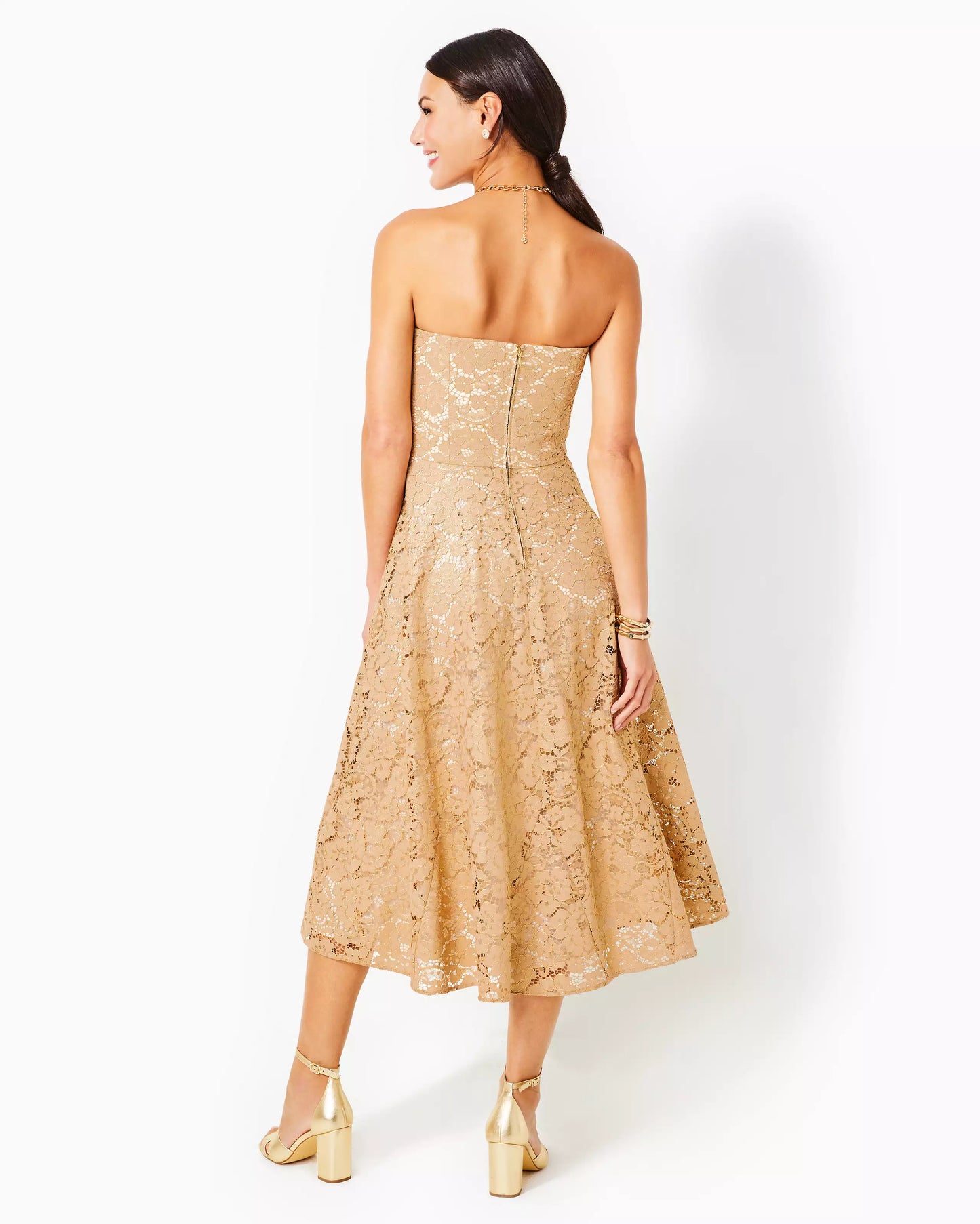 AUBRIANNA STRAPLESS LACE, GOLD METALLIC GILDED FLORAL LACE