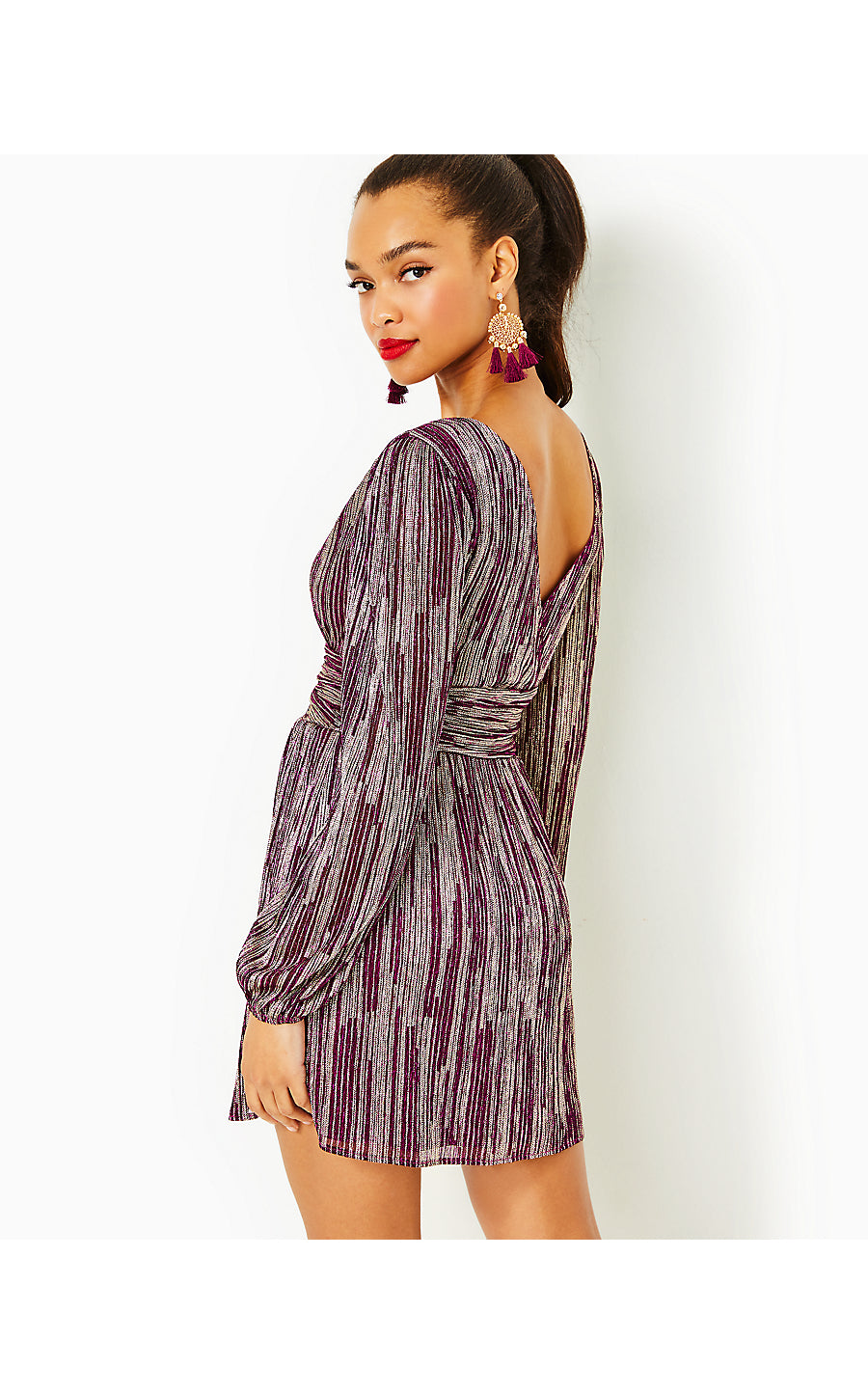 RIZA LONG-SLEEVED ROMPER, MULBERRY X GOLD METALLIC ROPE STRIPE CRINKLE KNIT