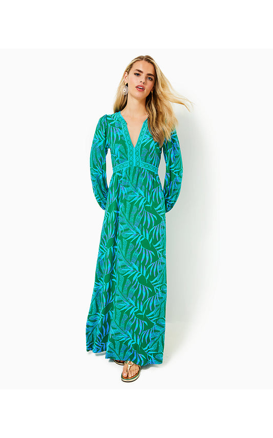 WEXLEE LONG SLEEVE MAXI DRESS, FIDDLE LEAF GREEN ITS A JUNGLE OUT THERE ENGINEERED KNIT MAXI DRESS