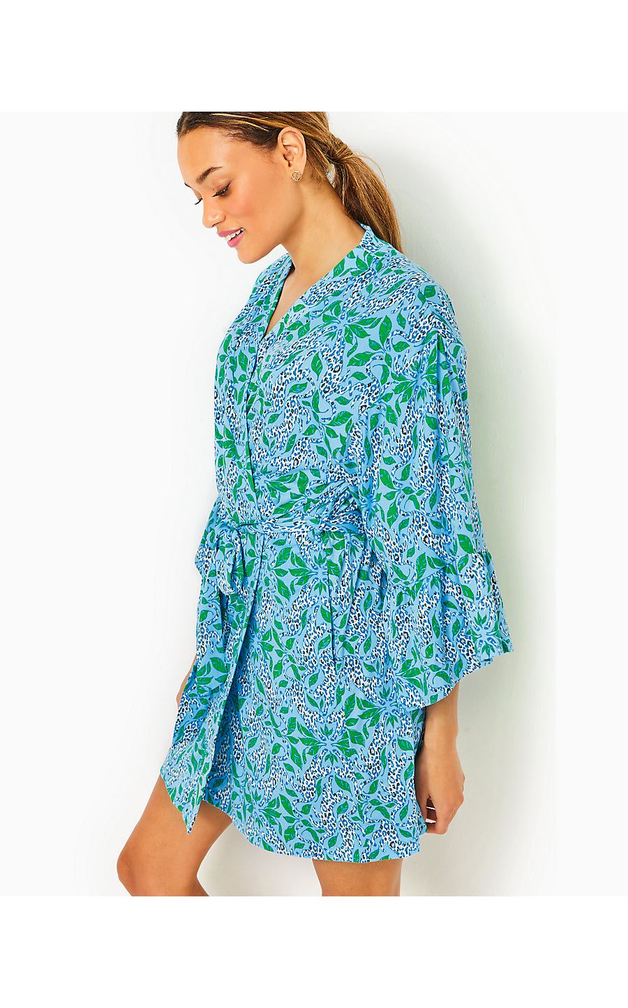 SHERONA KNIT ROBE, BON BON BLUE LEAPIN LEOPARDS
