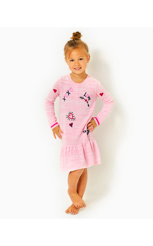 HANI SWEATER DRESS, HEATHERED PEONY PINK VALENTINE EMBROIDERY CHILDRENS