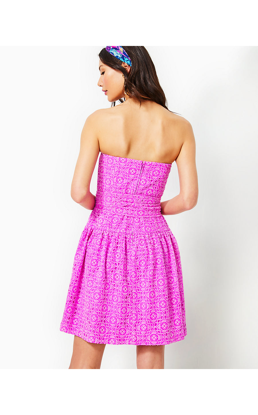 AKELA STRAPLESS EYELET DRESS, ORCHID OASIS OVERSIZED DIAMOND LEAF EYELET