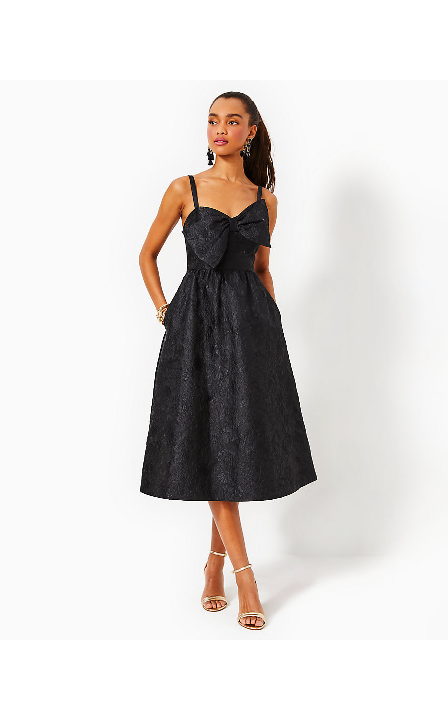 ELLARA JACQUARD MIDI BOW, ONYX LEAF AN IMPRESSION JACQUARD