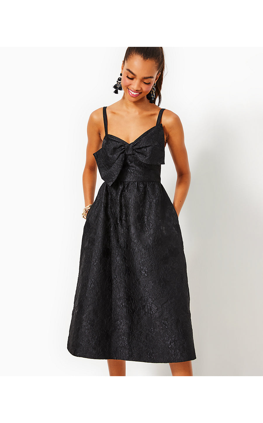 ELLARA JACQUARD MIDI BOW, ONYX LEAF AN IMPRESSION JACQUARD