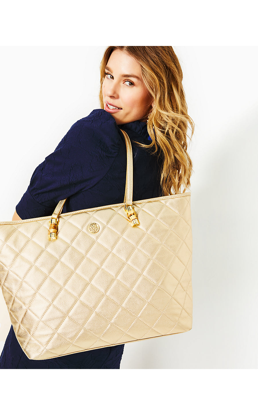 QUILTED LEATHER MEENA TOTE, GOLD METALLIC