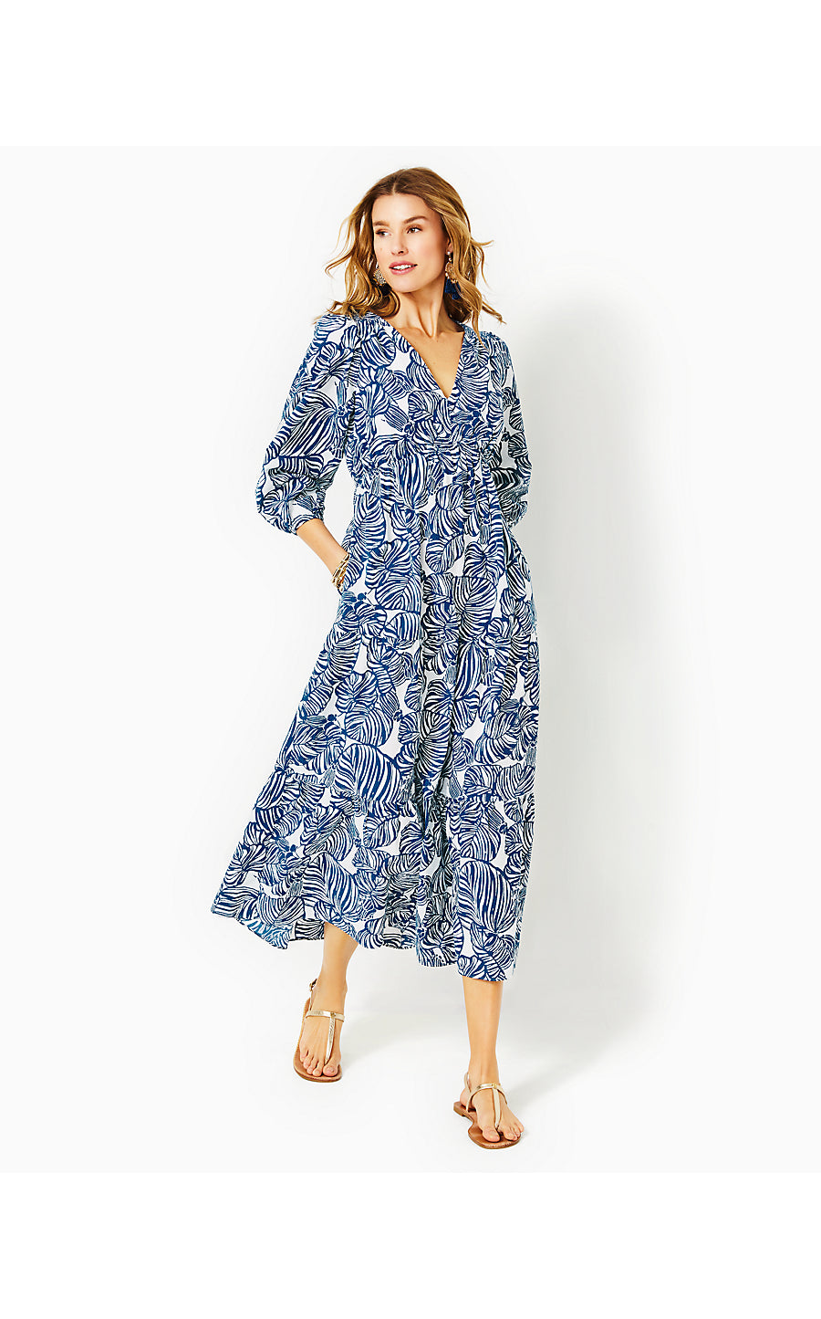 DEACON 3/4 SLEEVE V-NECK, AEGEAN NAVY BEACH PATH