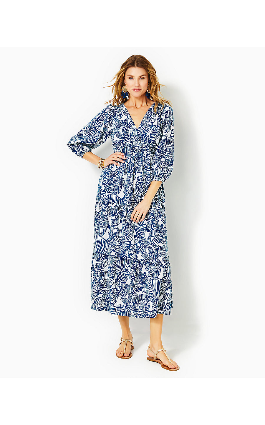 DEACON 3/4 SLEEVE V-NECK, AEGEAN NAVY BEACH PATH