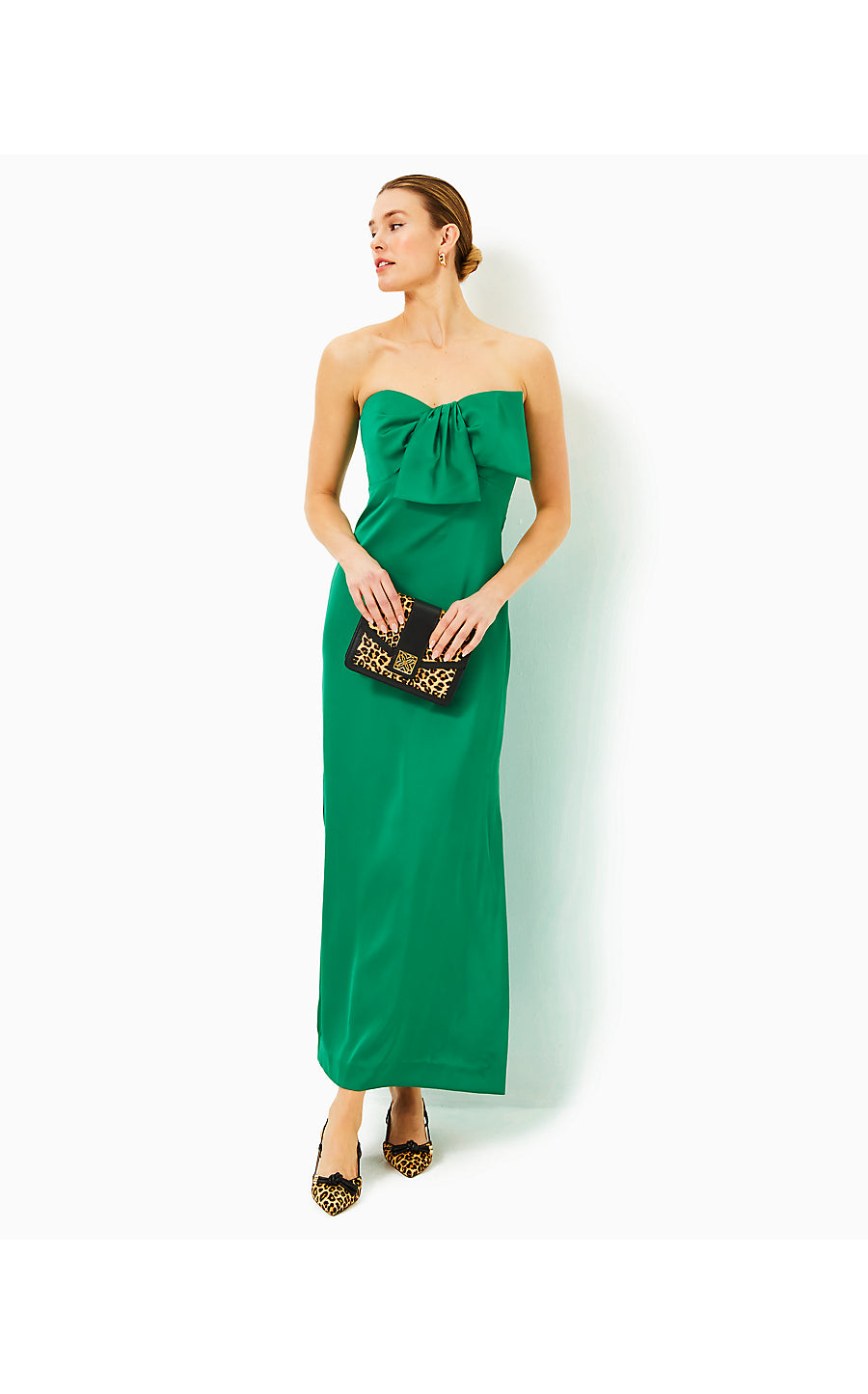 CARLYNN SATIN MAXI BOW DRESS, FIDDLE LEAF GREEN Palm Place CARLYNN SATIN MAXI BOW DRESS, FIDDLE LEAF GREEN Palm Place