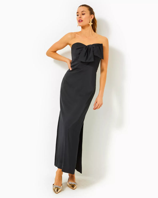 CARLYNN SATIN MAXI BOW DRESS, NOIR