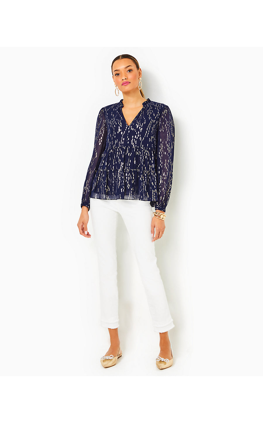 SARITA LONG SLEEVE SILK T, TRUE NAVY FISH CLIP CHIFFON