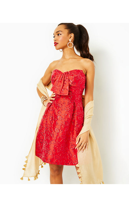 KATALEYA STRAPLESS FLORAL, AMARYLLIS RED PUFF FLORAL BROCADE