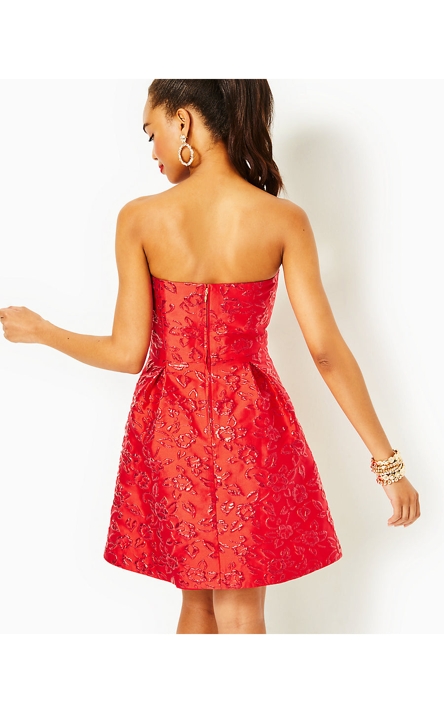 KATALEYA STRAPLESS FLORAL, AMARYLLIS RED PUFF FLORAL BROCADE