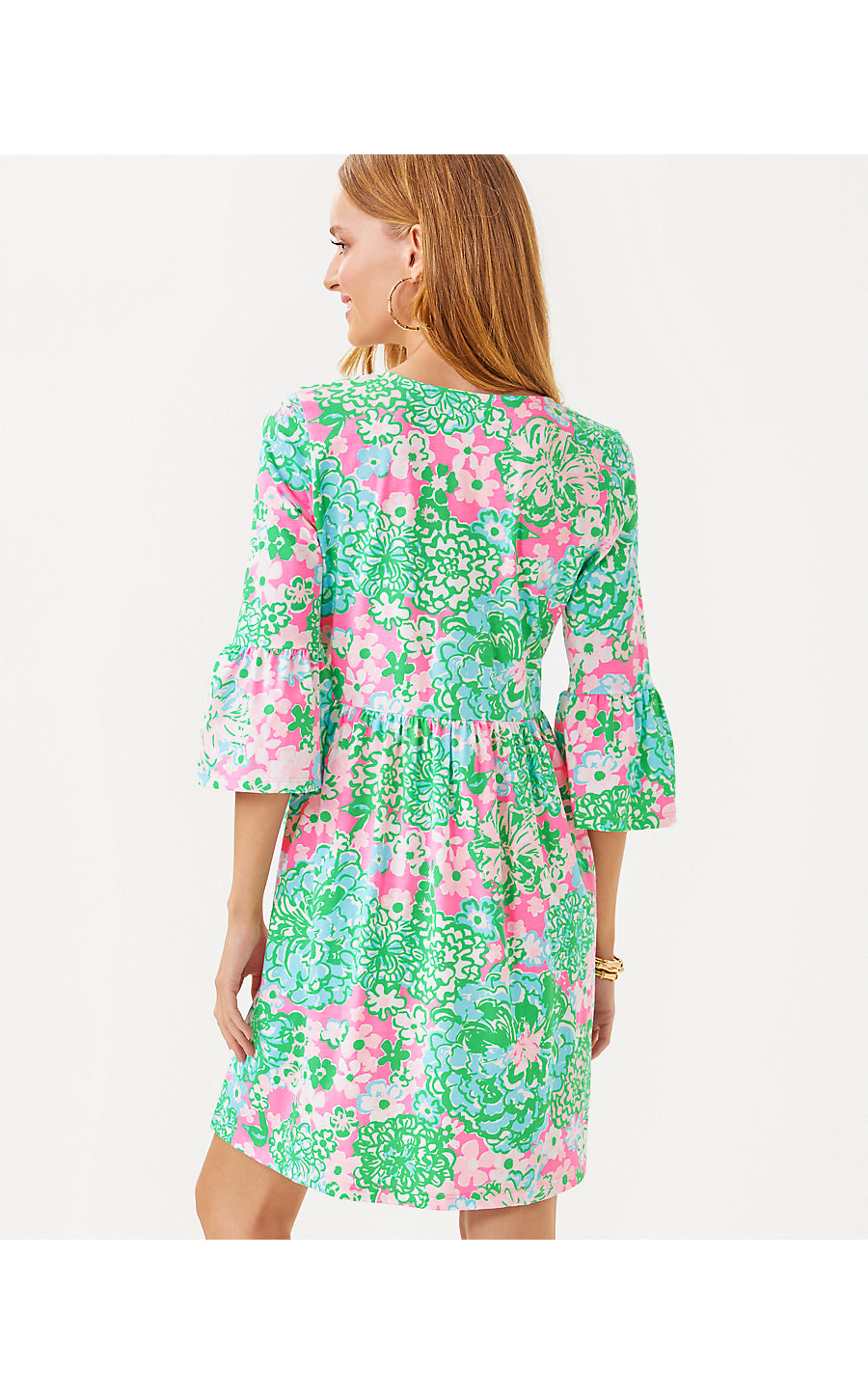 JANNIE V-NECK 3/4 SLEEVE DRESS, MULTI PLUMES IN BLOOM