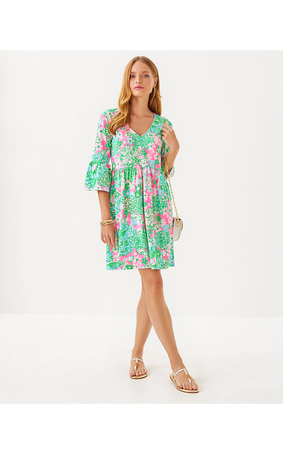 JANNIE V-NECK 3/4 SLEEVE DRESS, MULTI PLUMES IN BLOOM