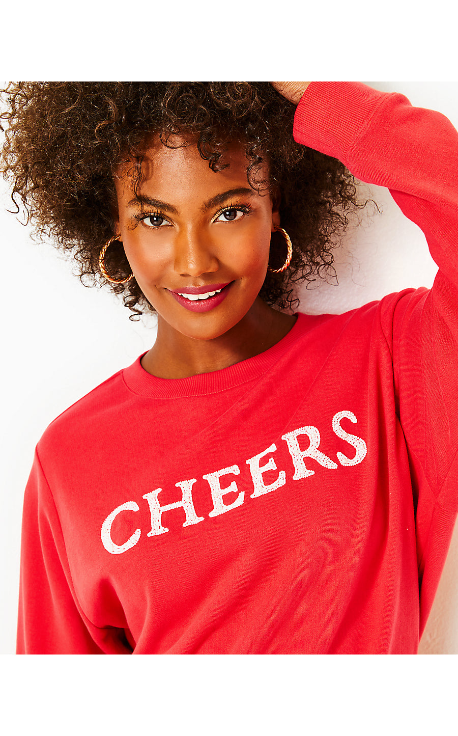 BALLAD LONG SLEEVE SWEATSHIRT, AMARYLLIS RED CHEERS GRAPHIC