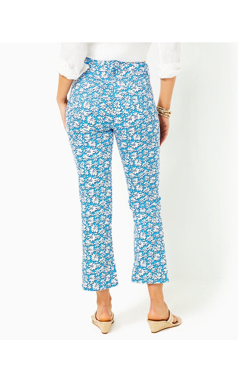 ANNET HIGH RISE CROP FLARE JEANS, LUNAR BLUE PALM BEACH PETALS