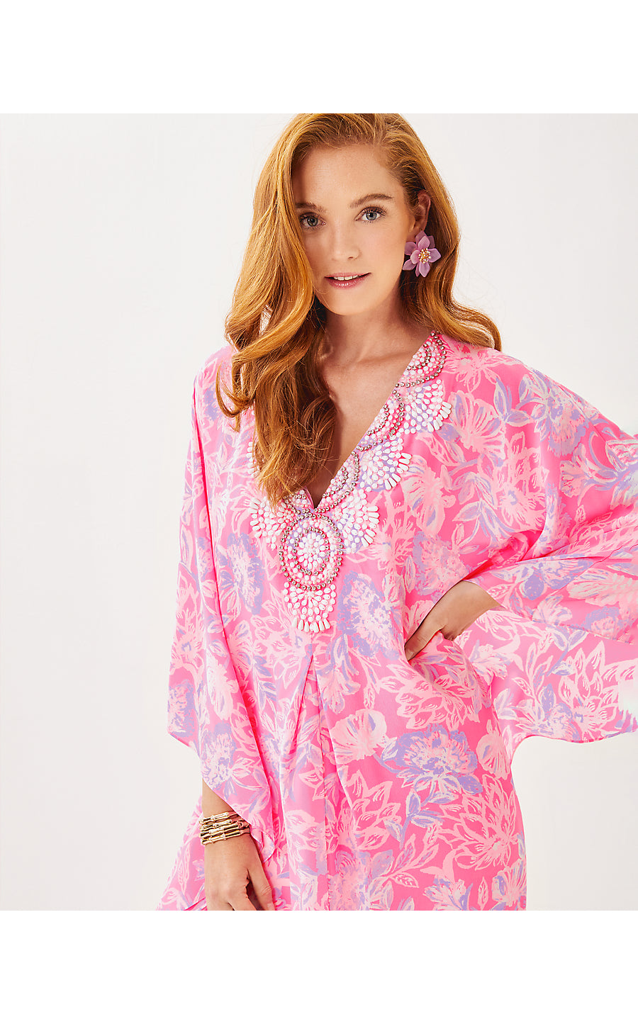MINDY BEADED SILK MAXI CAFTAN, ROUSSEAU PINK ZEN GARDEN