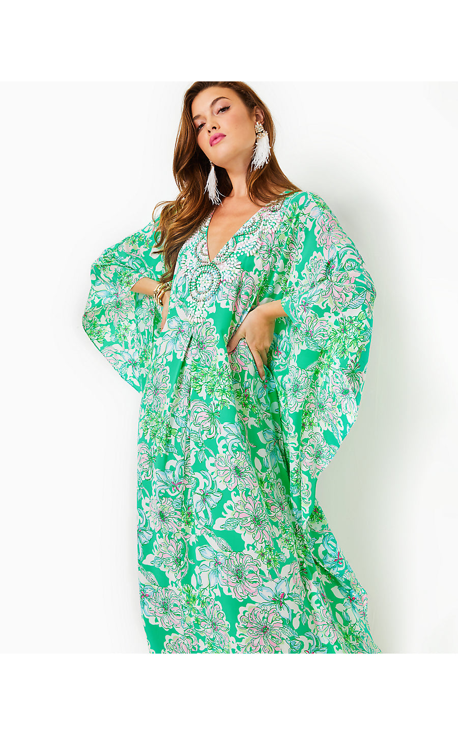 MINDY BEADED SILK MAXI CAFTAN, SPEARMINT BLOSSOM VIEWS
