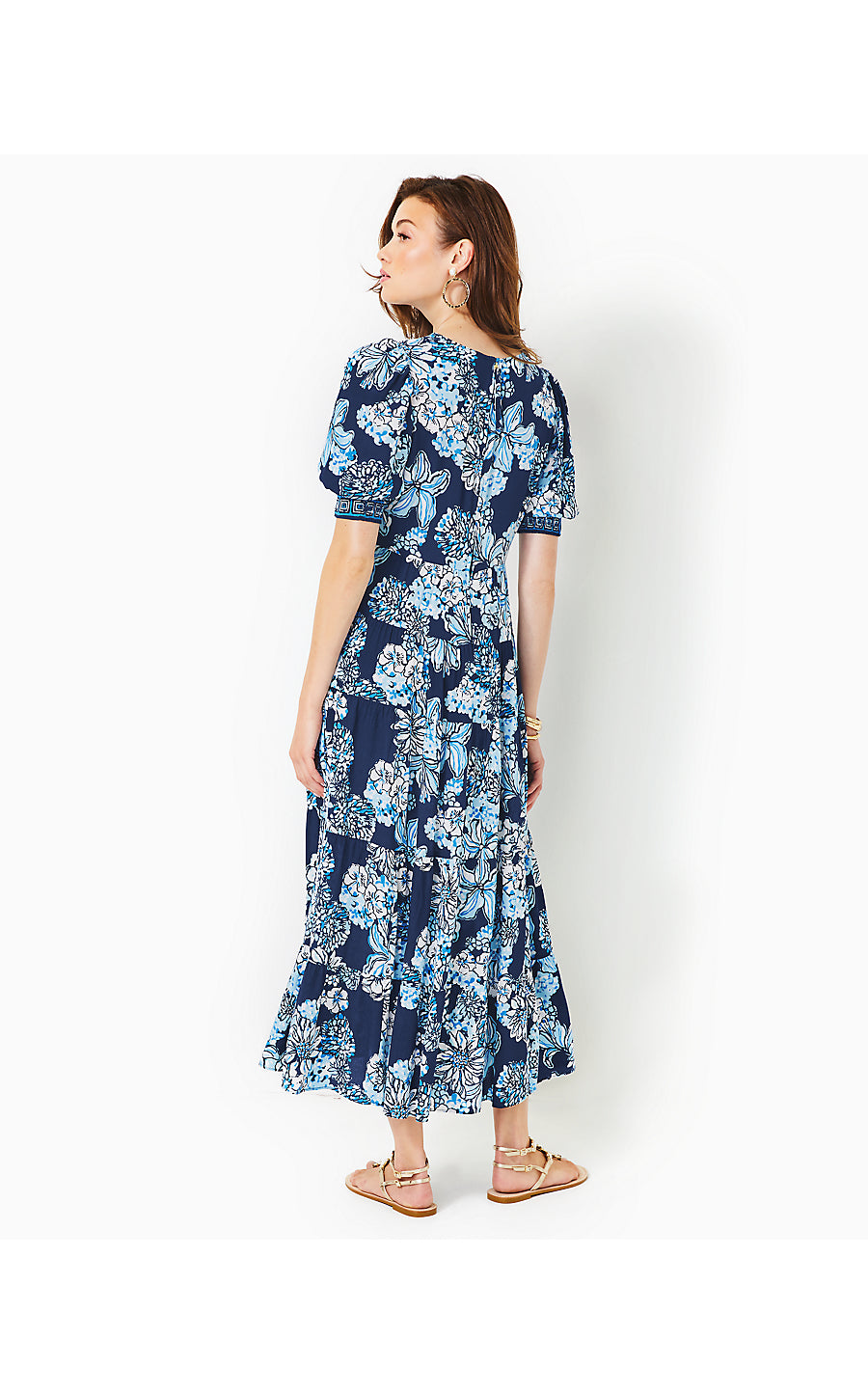 AMEILIA ELBOW SLEEVE MIDI DRESS, LOW TIDE NAVY BOUQUET ALL DAY ENGINEERED WOVEN DRESS