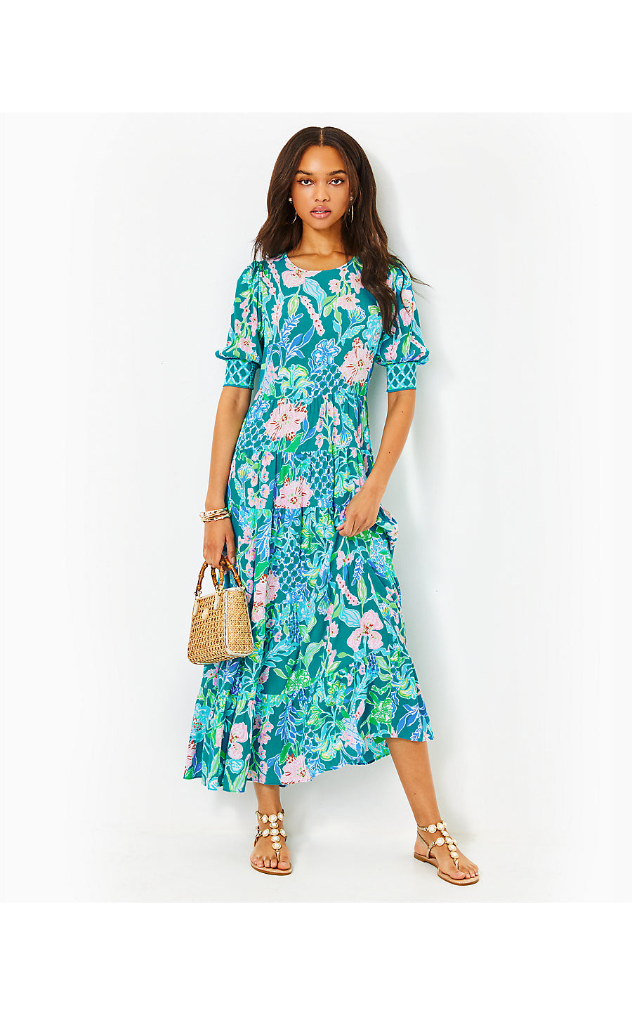 AMEILIA ELBOW SLEEVE MIDI DRESS, MULTI HOT ON THE VINE ENGINEERED WOVE Palm Place AMEILIA ELBOW SLEEVE MIDI DRESS, MULTI HOT ON THE VINE ENGINEERED WOVE Palm Place