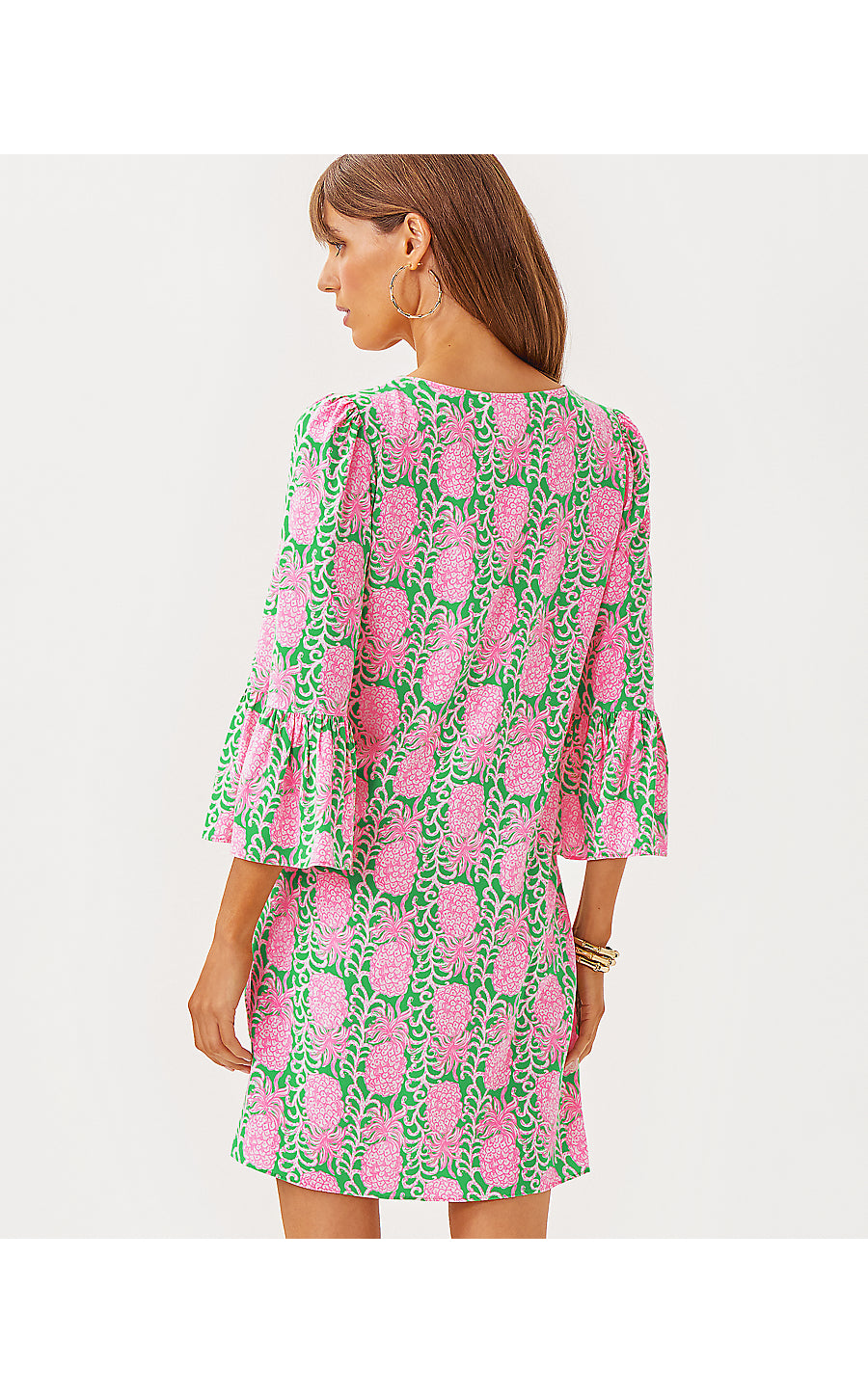 DANIKA 3/4 SLEEVE TUNIC DRESS, FAUNA GREEN PARTY LIKE A PINEAPPLE