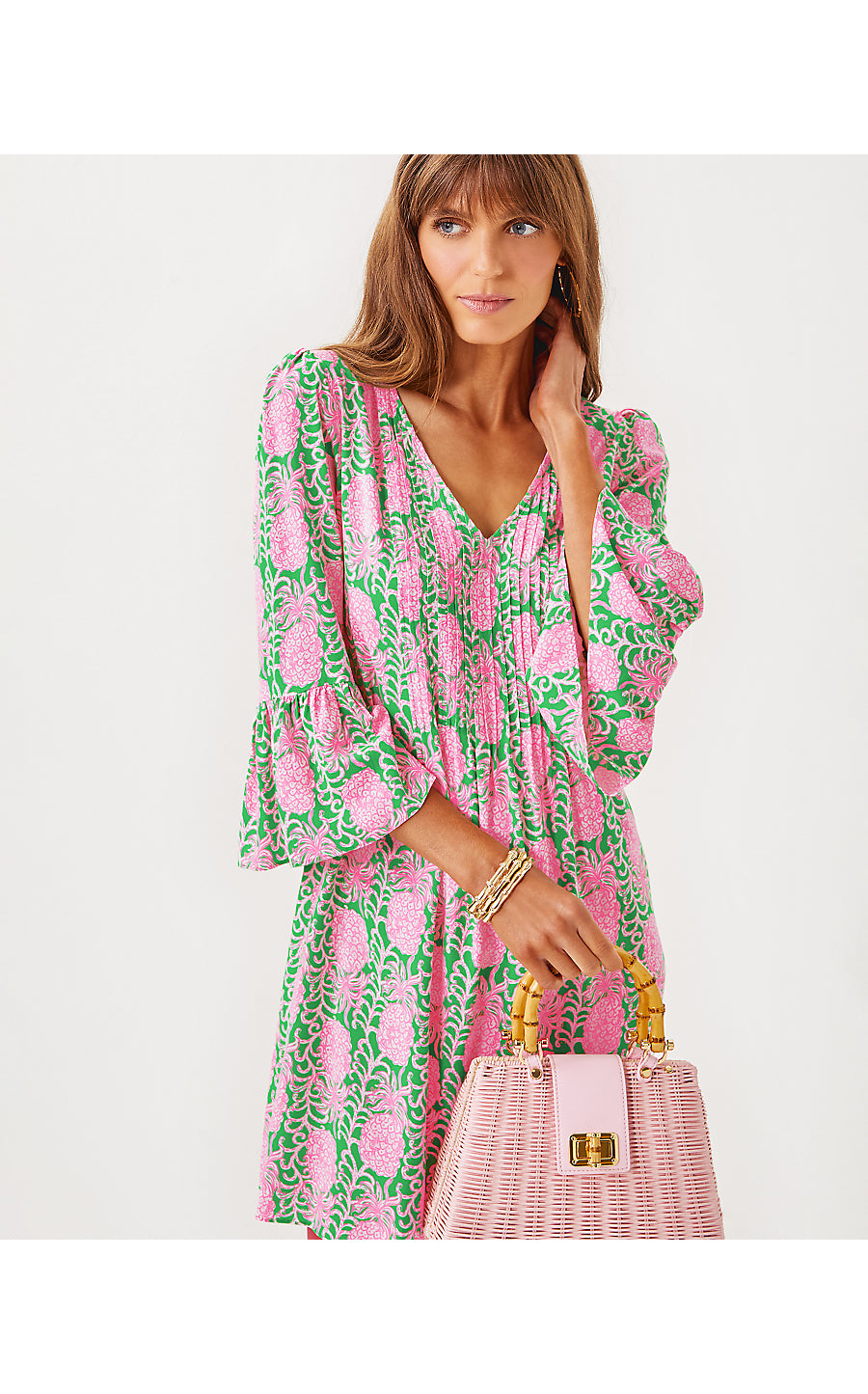 DANIKA 3/4 SLEEVE TUNIC DRESS, FAUNA GREEN PARTY LIKE A PINEAPPLE