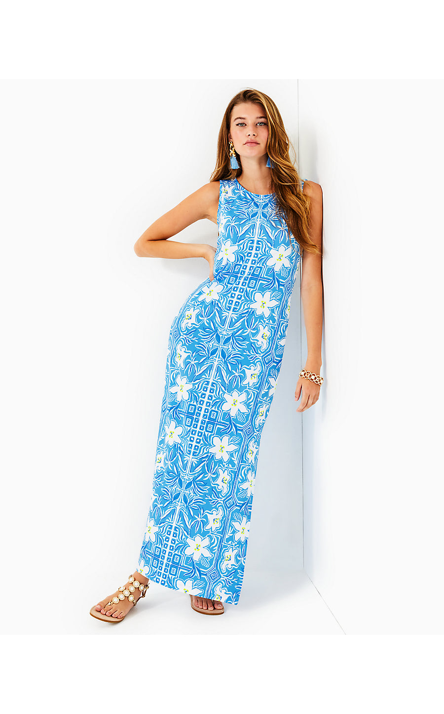 NOELLE MAXI DRESS, LUNAR BLUE MY FLUTTER HALF ENGINEERED KNIT MAXI DRESS