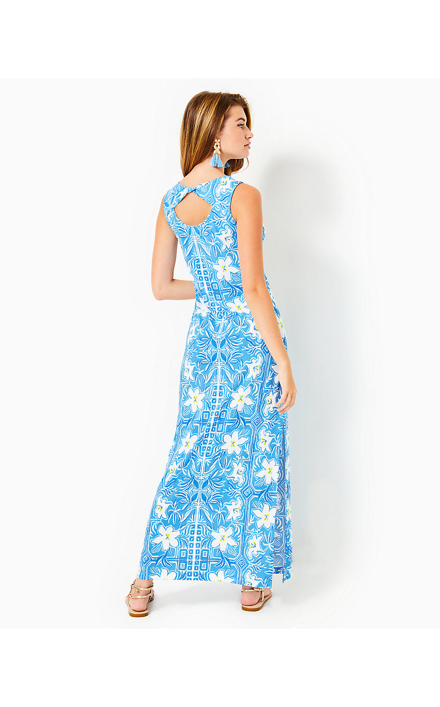 NOELLE MAXI DRESS, LUNAR BLUE MY FLUTTER HALF ENGINEERED KNIT MAXI DRESS
