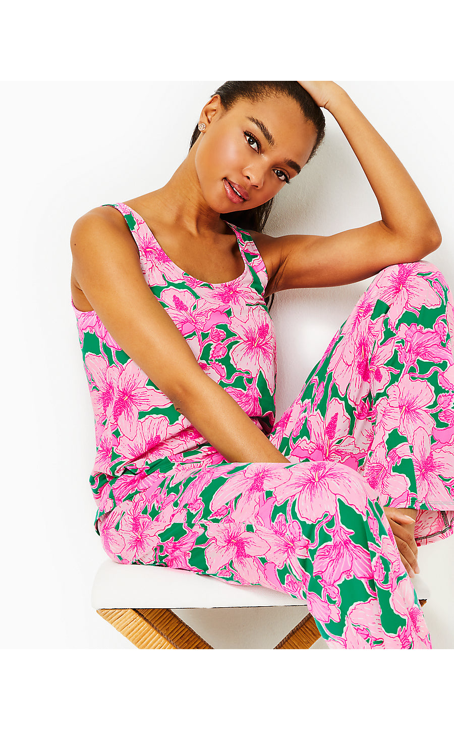 WHITTA PJ KNIT TANK, KELLY GREEN HIBIS KISS