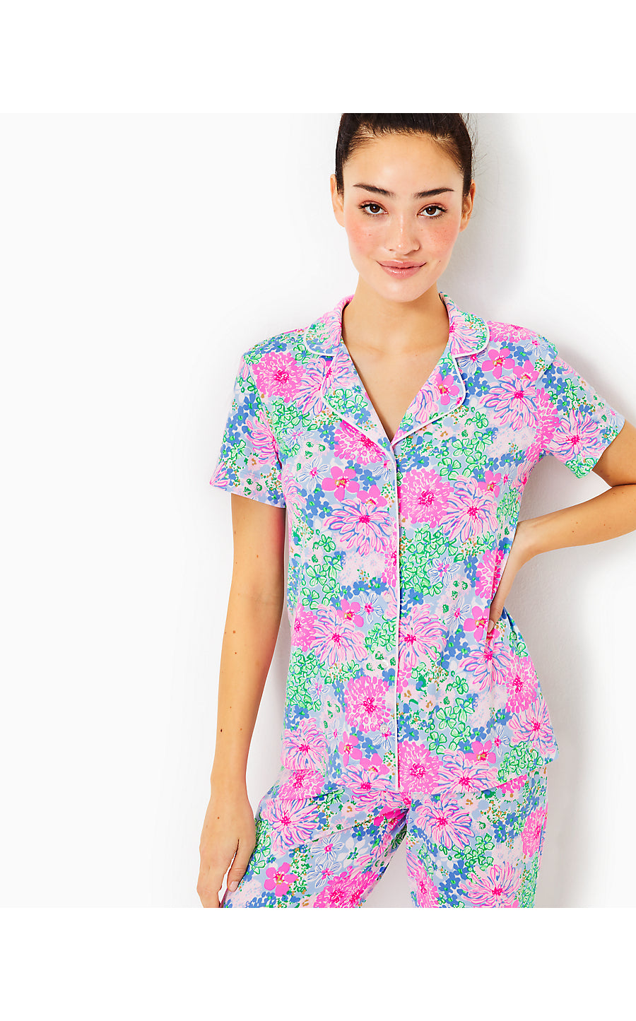 PJ KNIT SS BUTTON-UP TOP, MULTI LIL SOIREE ALL DAY