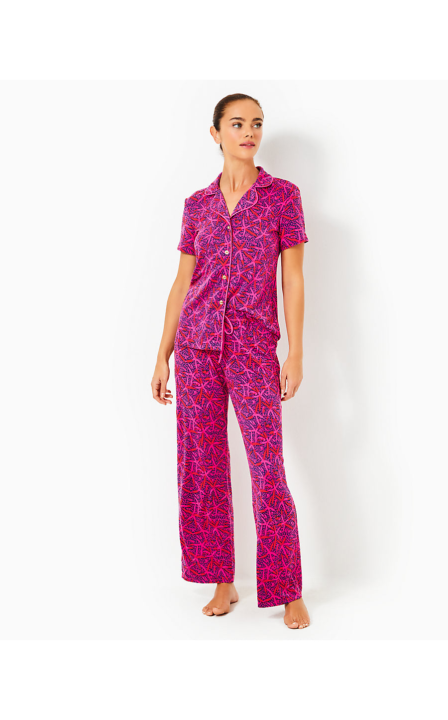 PJ KNIT SS BUTTON-UP TOP, PASSION FRUIT PINK STAR SEARCHING