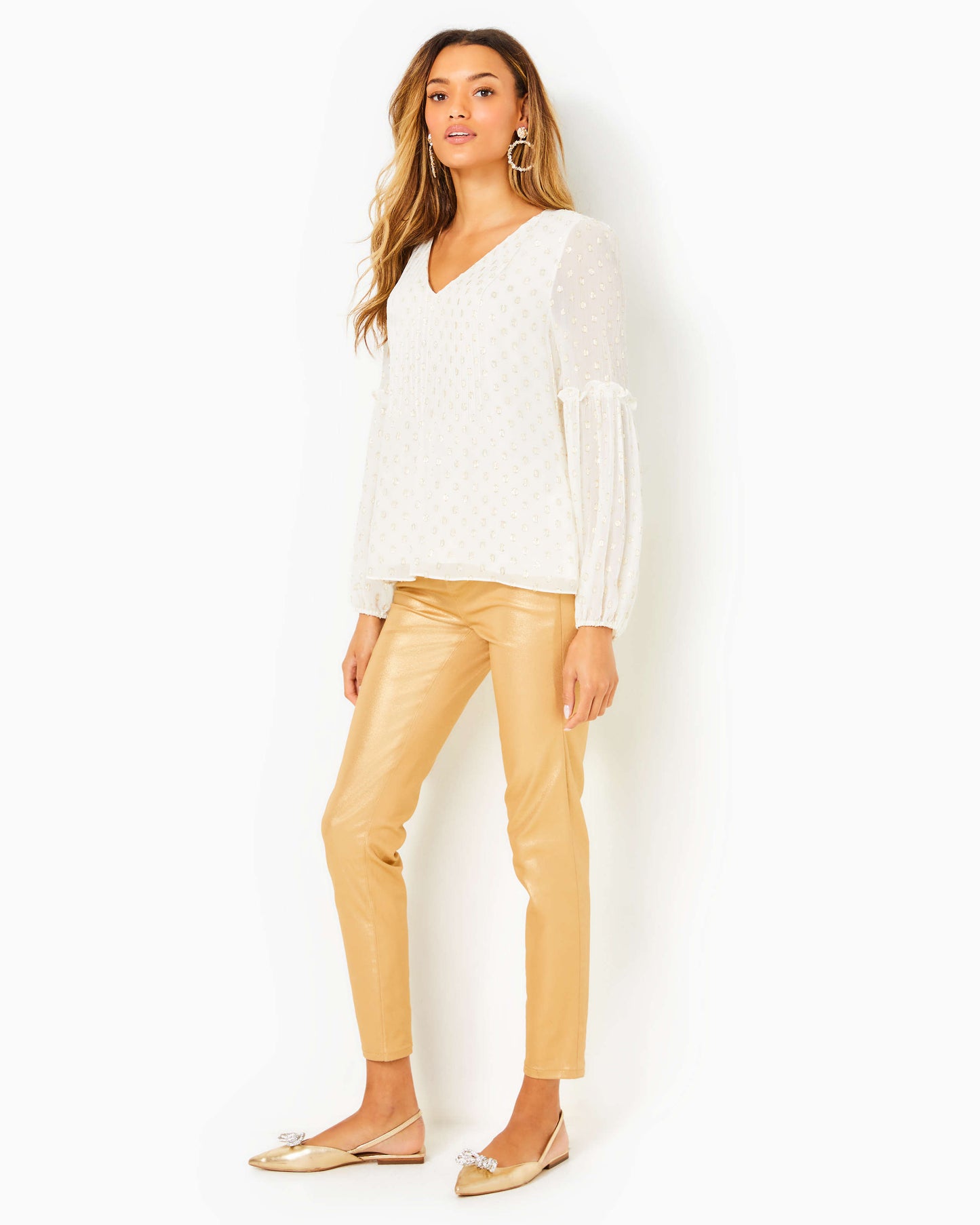 CLEME LONG SLEEVE TOP, COCONUT VISCOSE METALLIC CLIP DOT
