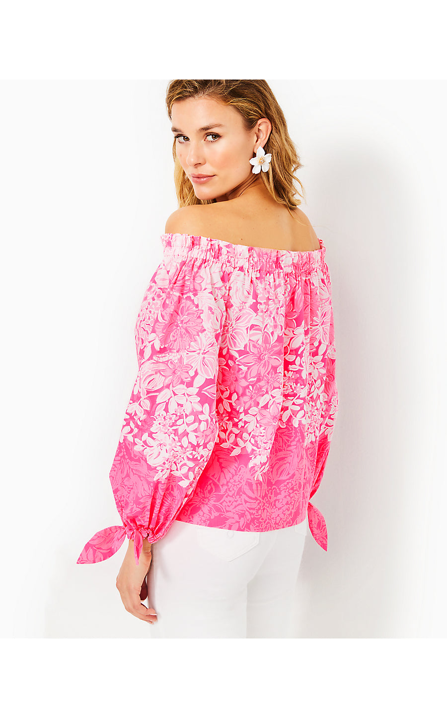JAMIELYNN LONG SLEEVE OFF THE SHOULDER TOP, ROXIE PINK SHADOW DANCER ENGINEERED WOVEN TOP