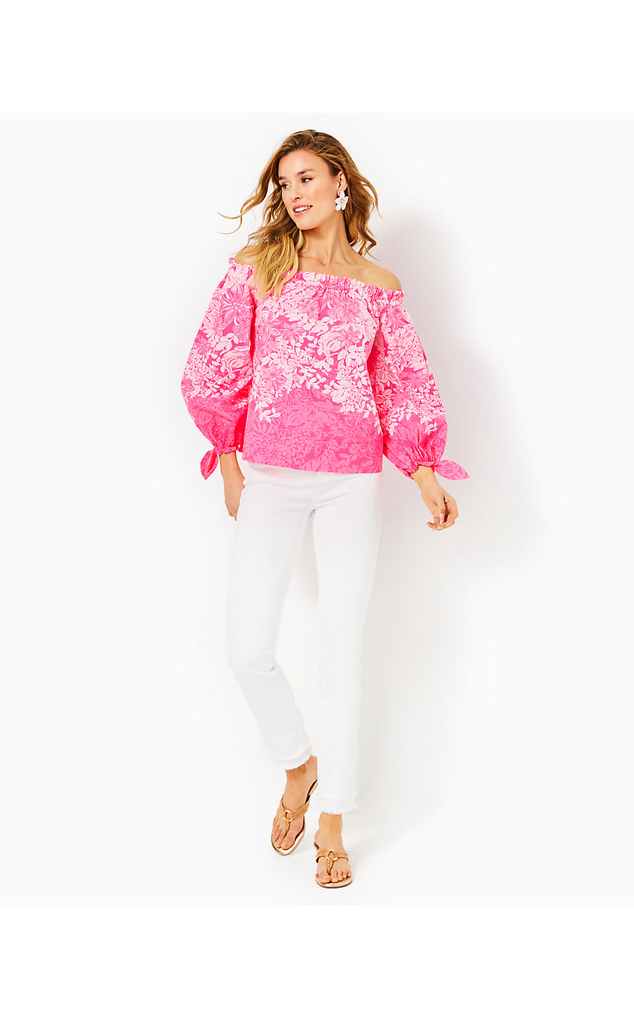 JAMIELYNN LONG SLEEVE OFF THE SHOULDER TOP, ROXIE PINK SHADOW DANCER ENGINEERED WOVEN TOP