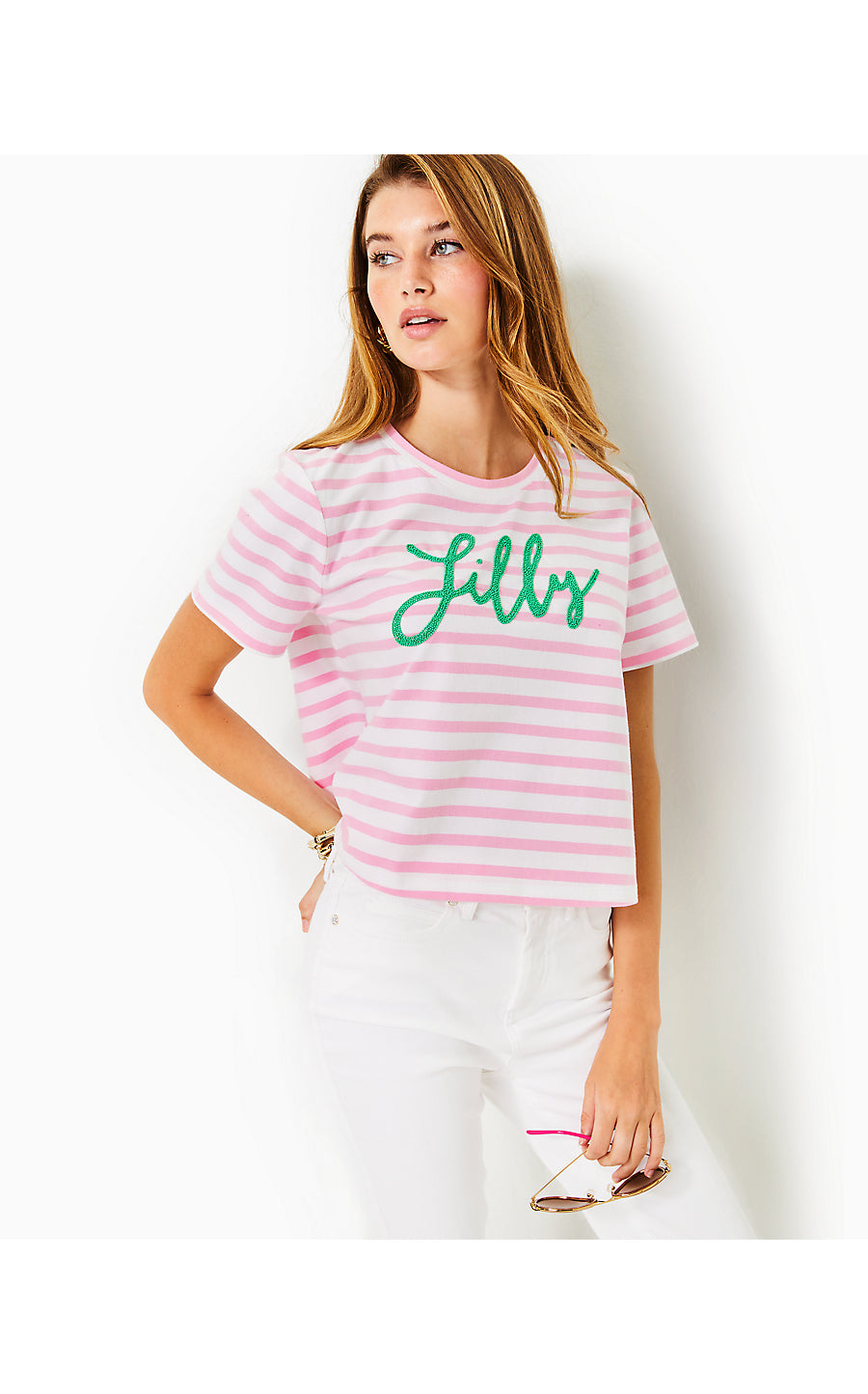 KEENAN KNIT TOP, CONCH SHELL PINK STRIPED LILLY PULITZER EMBELLISHED TOP