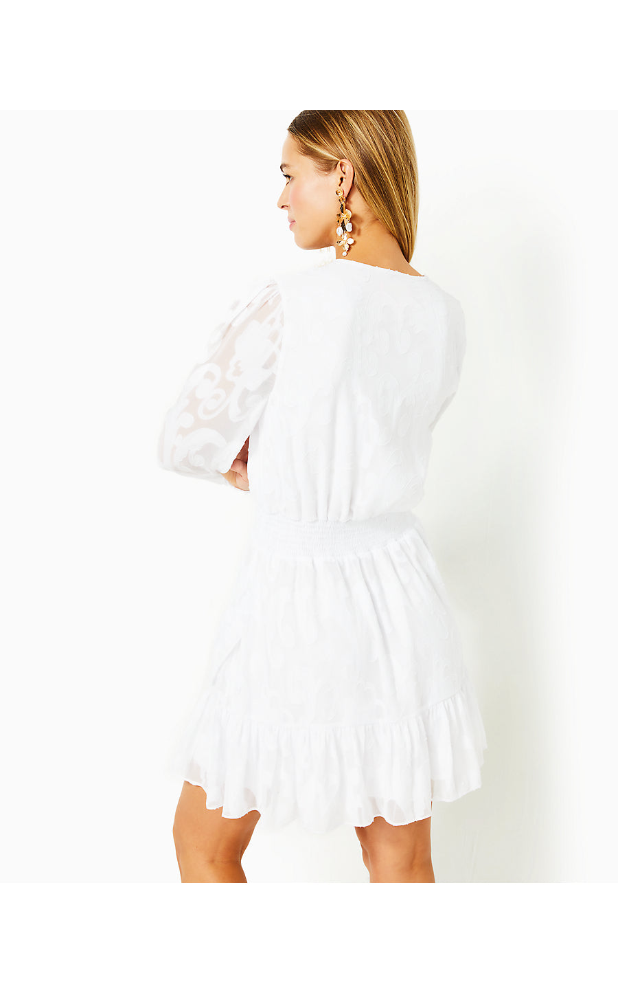 CRISTIANA LONG SLEEVE DRESS, RESORT WHITE POLY CREPE SWIRL CLIP