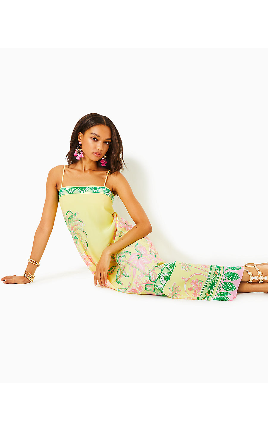 JESSLYN SILK MAXI SLIP DRESS, FINCH YELLOW TROPICAL OASIS ENGINEERED WOVEN MAXI DRESS