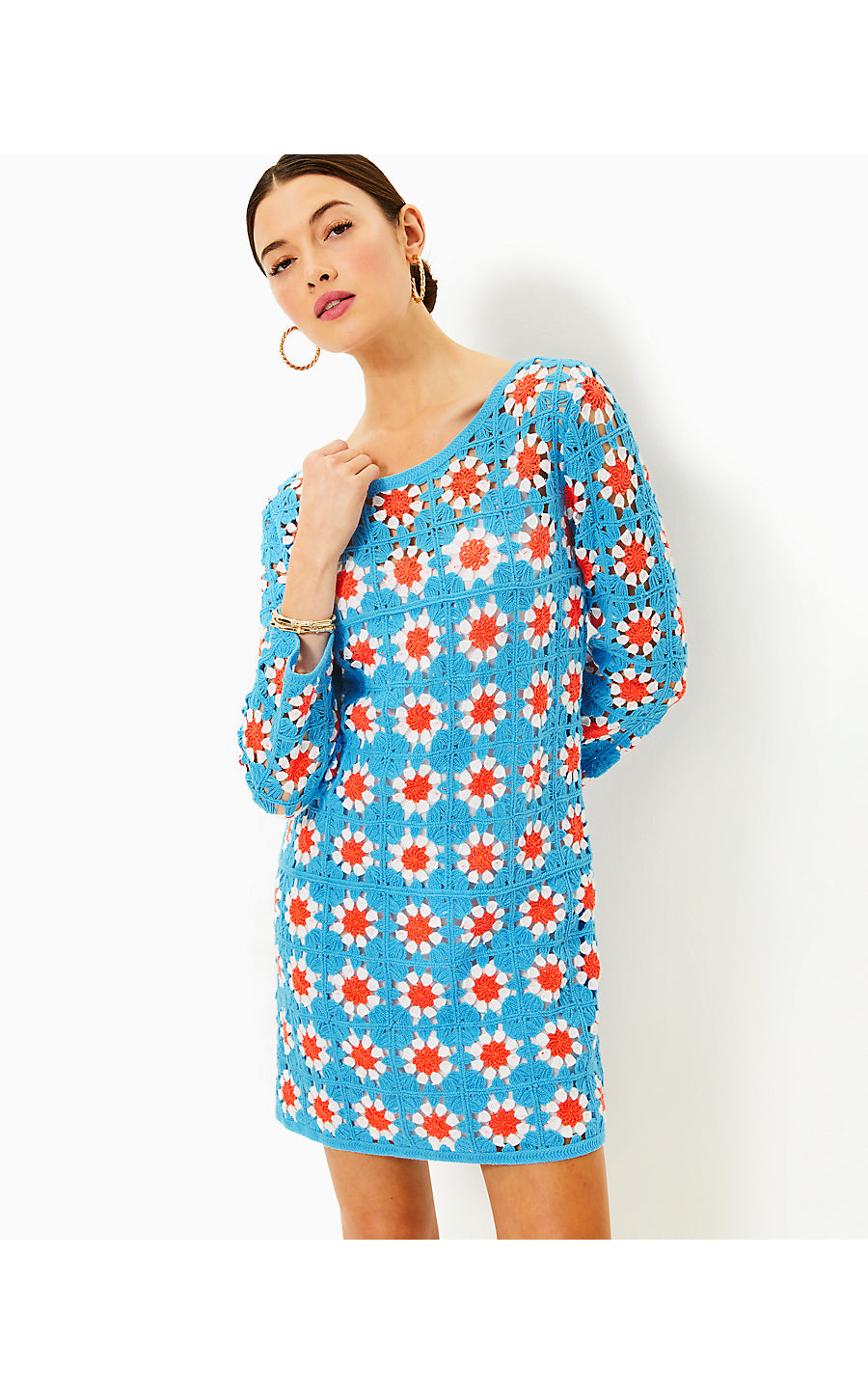MIABELLA SWEATER DRESS, LUNAR BLUE FLORAL CROCHET – Palm Place