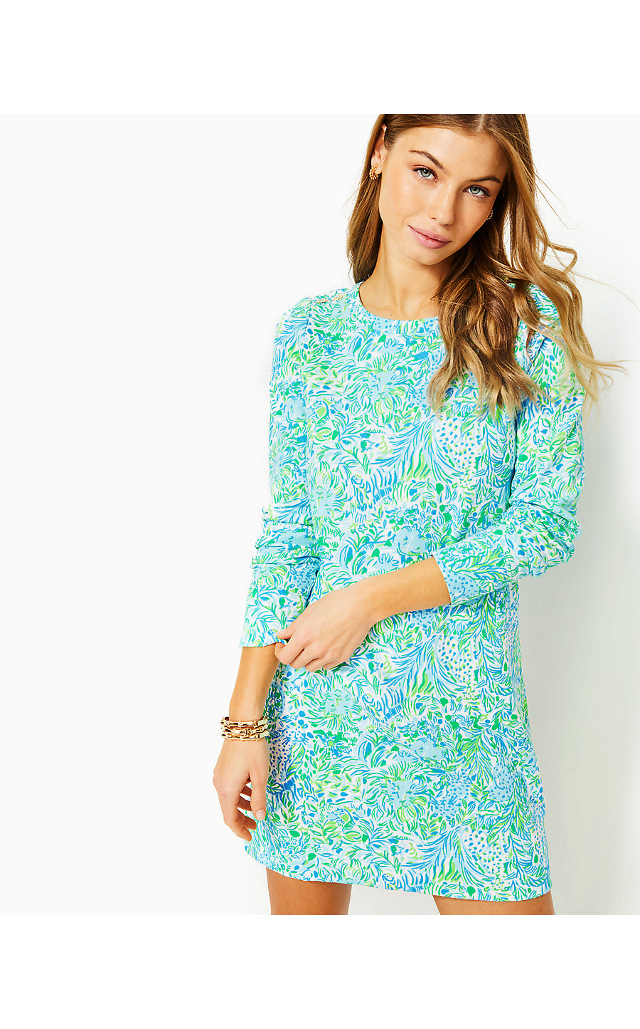 KENLEY LONG SLEEVE CREWNECK DRESS, HYDRA BLUE DANDY LIONS KENLEY LONG SLEEVE CREWNECK DRESS, HYDRA BLUE DANDY LIONS