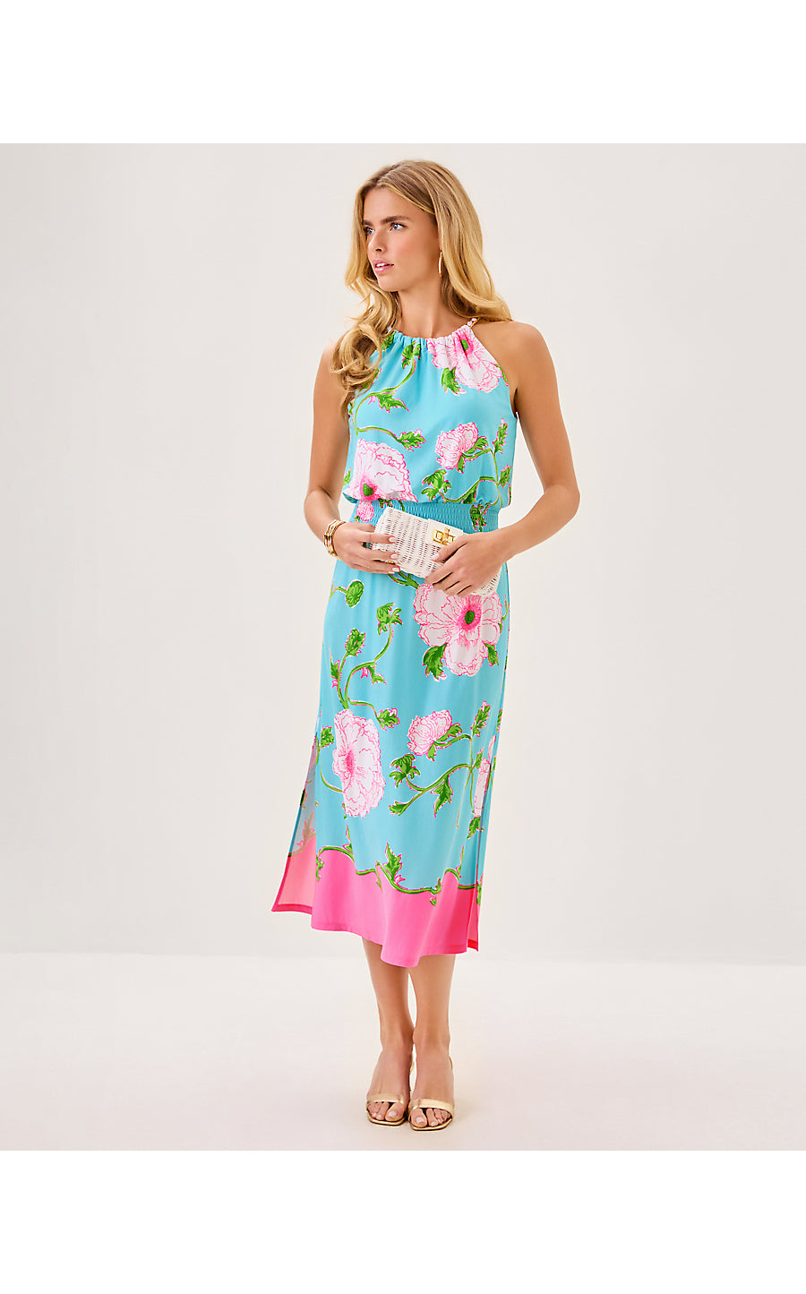 GRACELYN HALTER MIDI DRESS, FRESH WATER BLUE BURSTING BLOOMS ENGINEERED KNIT DRESS