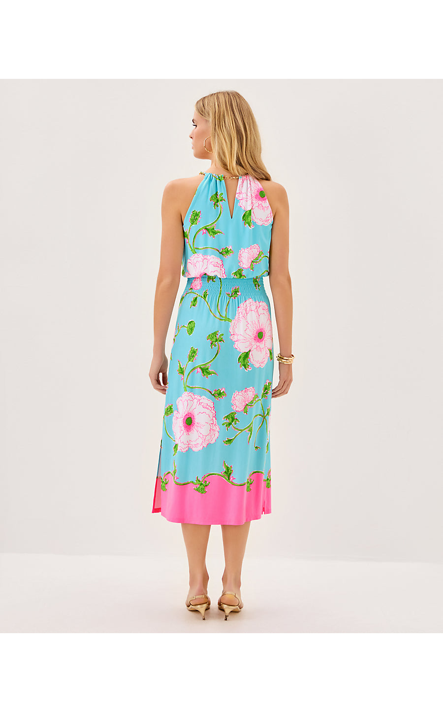 GRACELYN HALTER MIDI DRESS, FRESH WATER BLUE BURSTING BLOOMS ENGINEERED KNIT DRESS