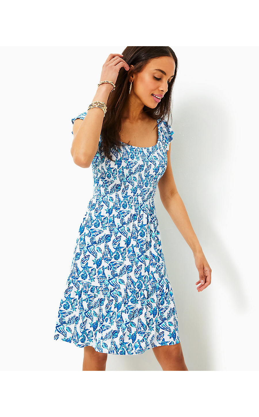 JILLY SMOCKED DRESS, RESORT WHITE SHELL COLLECTOR