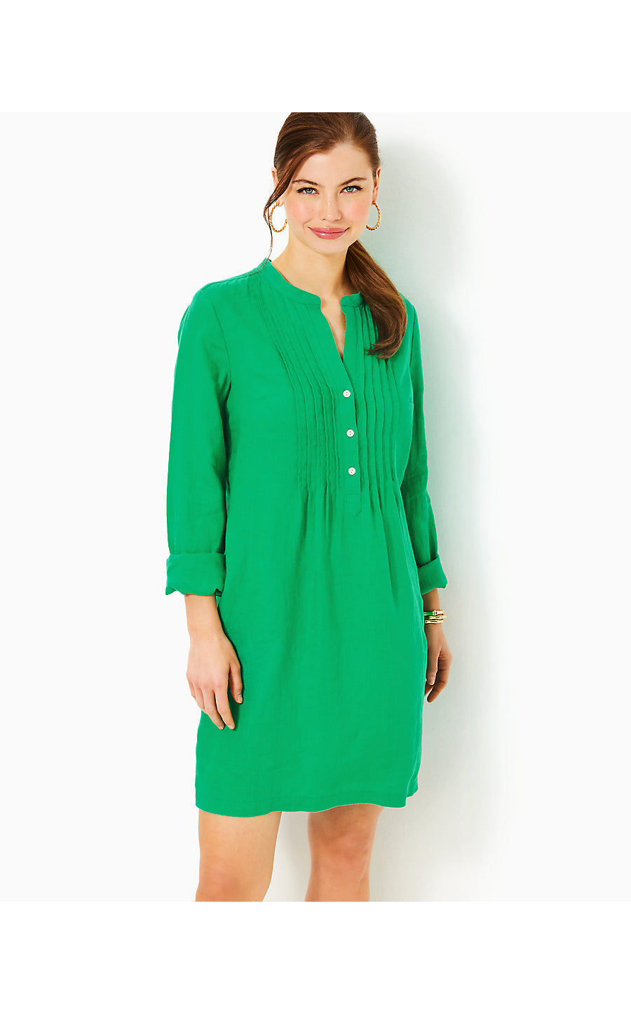 RHODA LONG SLEEVE POPOVER LINEN DRESS, BRAZILIAN GREEN RHODA LONG SLEEVE POPOVER LINEN DRESS, BRAZILIAN GREEN