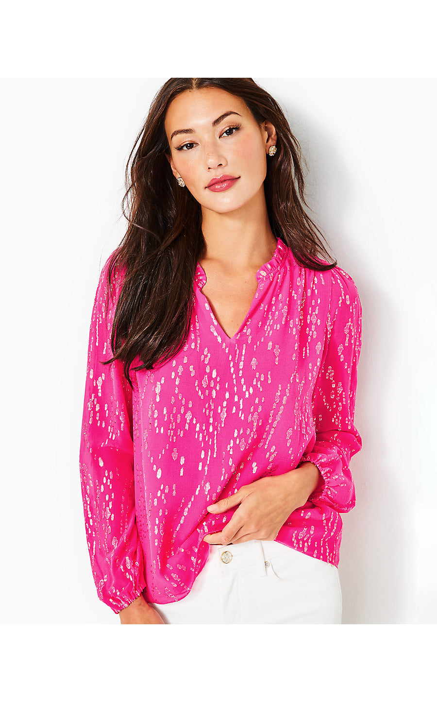 GIANA LONG SLEEVE SILK TOP, PINK PALMS FISH CLIP CHIFFON