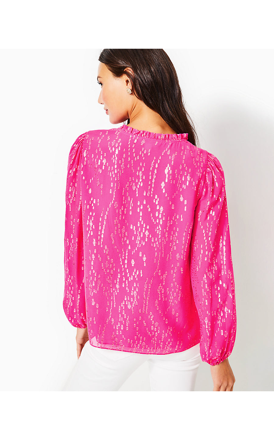 GIANA LONG SLEEVE SILK TOP, PINK PALMS FISH CLIP CHIFFON