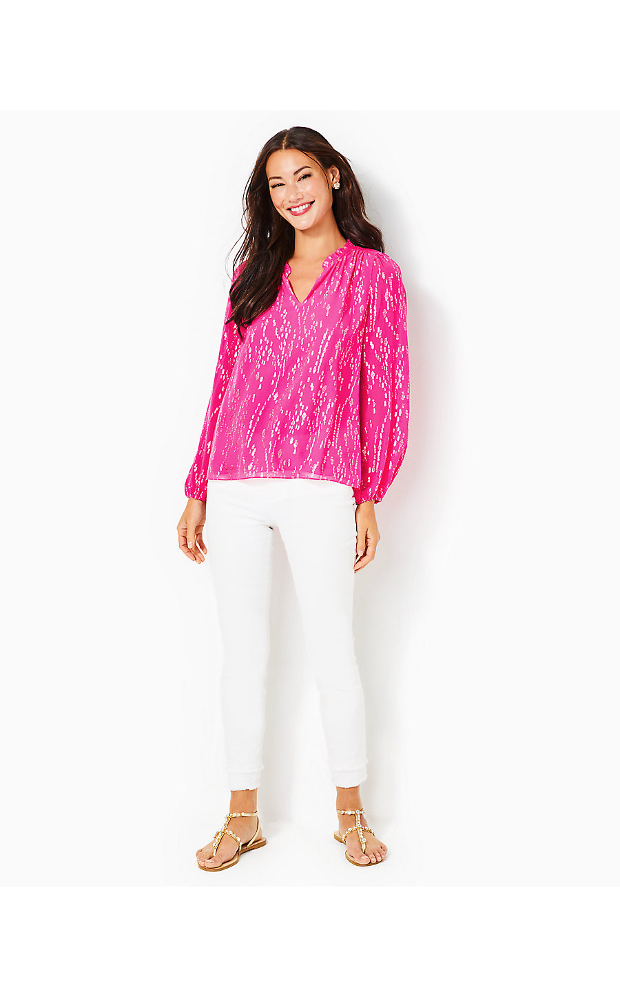 GIANA LONG SLEEVE SILK TOP, PINK PALMS FISH CLIP CHIFFON